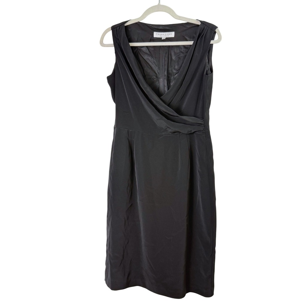 Trina Turk Black Draped Surplice Sheath Cocktail Dress Size 10 Made in USA